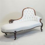 A Victorian carved mahogany and duck egg blue upholstered chaise longue, on cabriole legs,