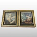 French School, (19th century), Rosalie and Lubin, a pair of engravings in verre eglomise surrounds,