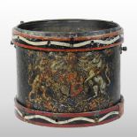 A 19th century brass military drum, painted with a heraldic crest, with wooden banding, no skin,