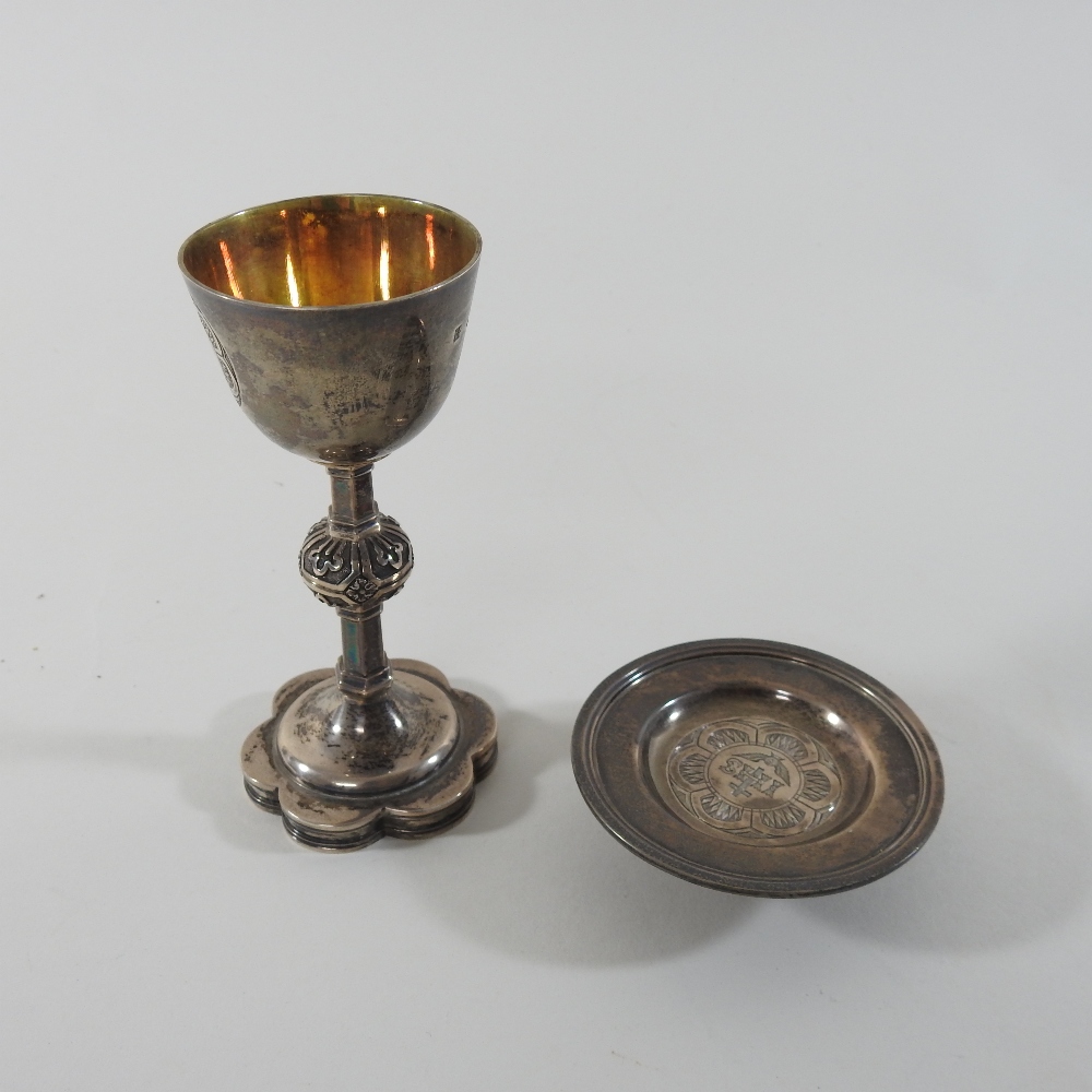 A Victorian silver travelling communion set, with engraved decoration, comprising a chalice, - Image 7 of 13