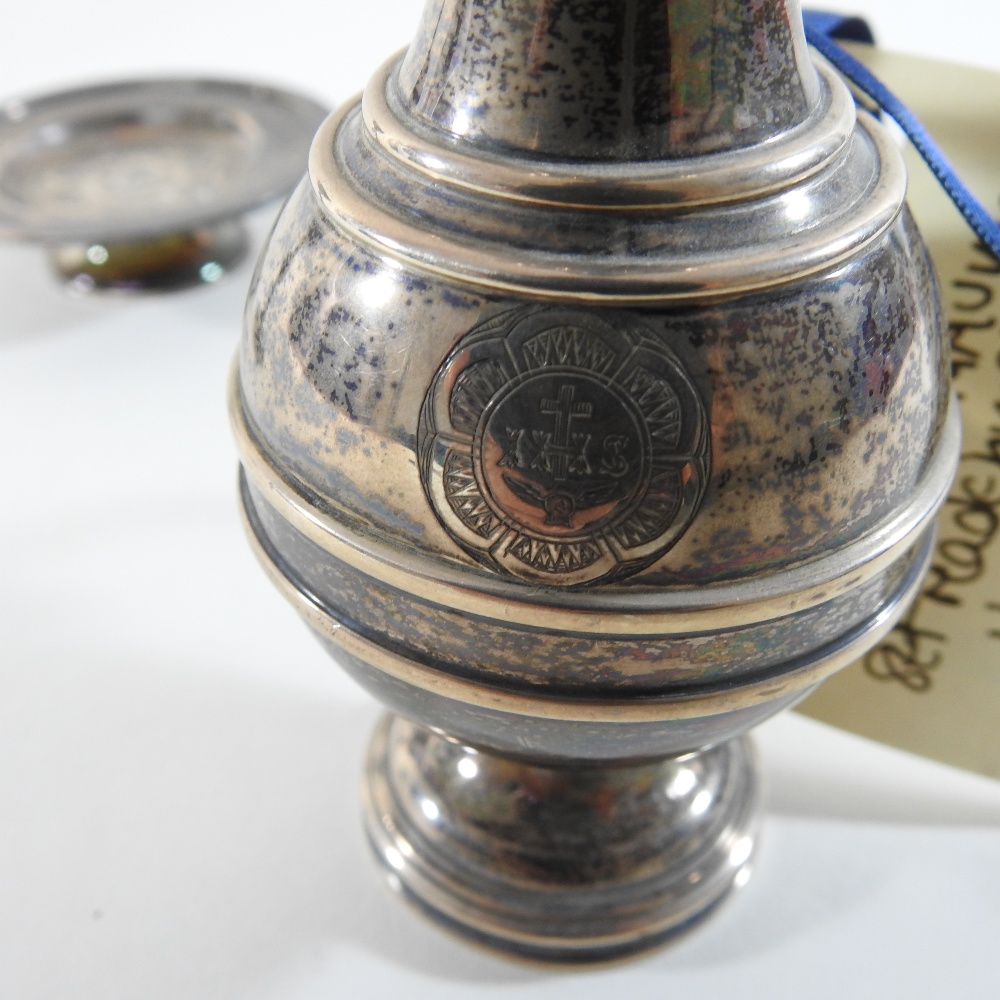 A Victorian silver travelling communion set, with engraved decoration, comprising a chalice, - Image 5 of 13