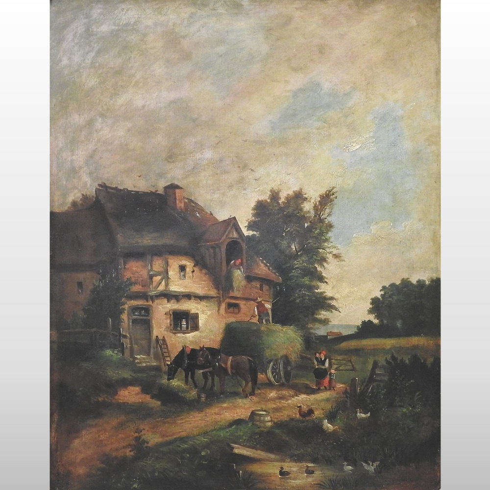 Manner of William Shayer, (19th century), farmyard scene with horses and ducks, oil on canvas,