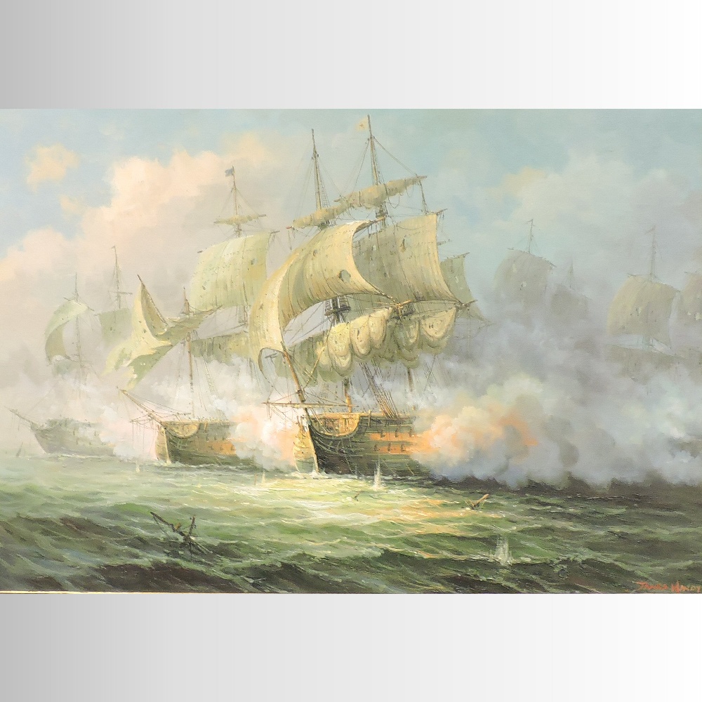 James Hardy, (20th century), a naval battle, signed oil on canvas,