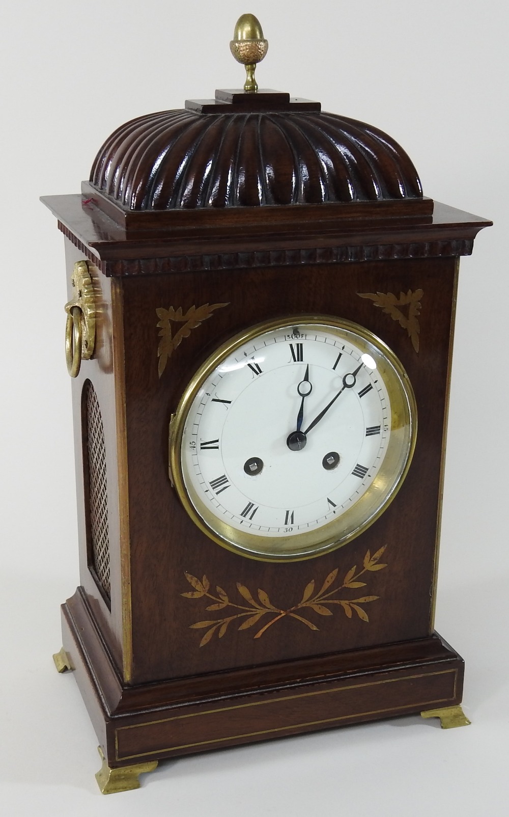 An Edwardian mahogany and cut brass bracket clock, of Regency style, having a painted enamel dial, - Image 3 of 8