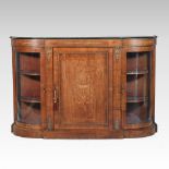 A Victorian burr walnut and inlaid credenza, with gilt metal mounts, enclosed by a central door,