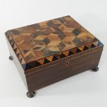 A Regency specimen wood parquetry sewing box, of plain rectangular shape, with a hinged lid,
