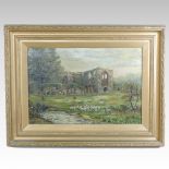 English School, (19th century), landscape with ruins, oil,