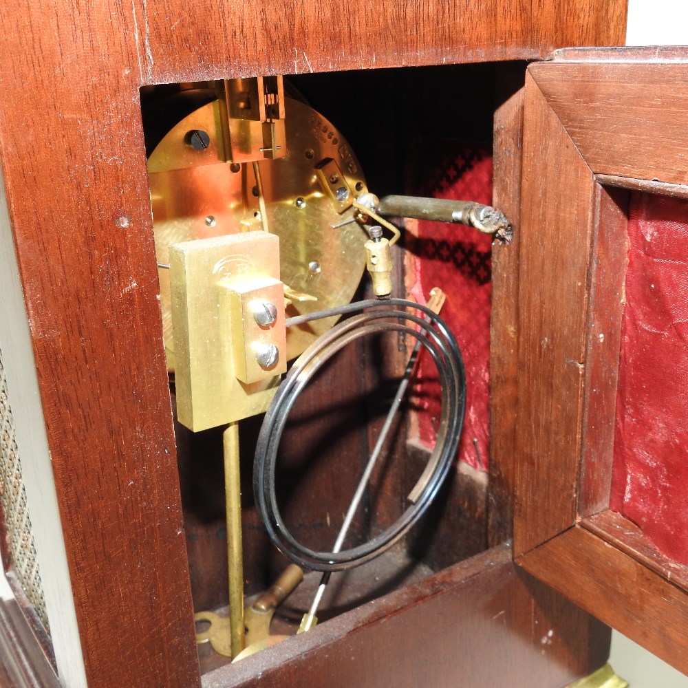 An Edwardian mahogany and cut brass bracket clock, of Regency style, having a painted enamel dial, - Image 6 of 8