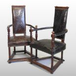 A pair of early 20th century continental oak high back open armchairs,