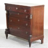 A 19th century continental mahogany chest, containing four long drawers,