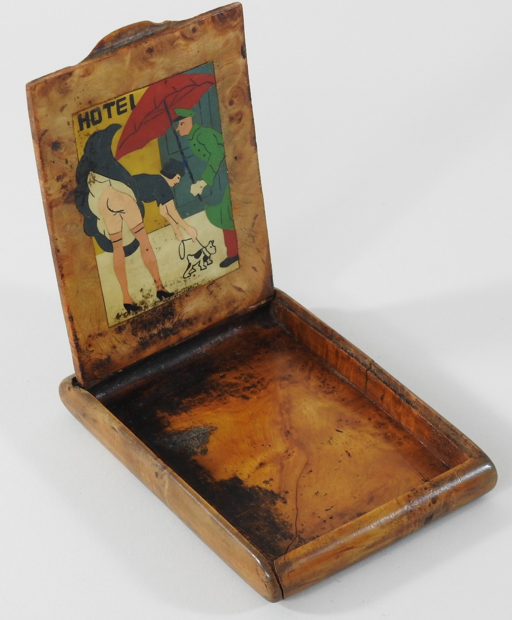 A continental Art Deco burr yew and decorated erotic pocket cigarette case, of hinged shape, - Image 3 of 5