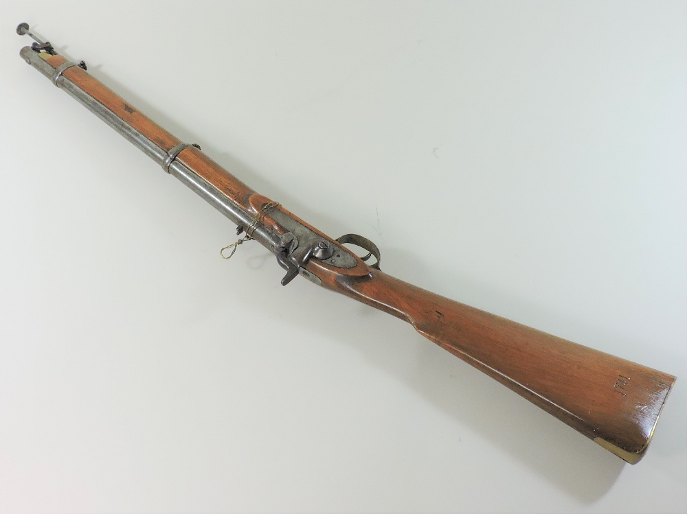 A 19th century percussion rifle, the walnut stock stamped 1741, having a steel ram rod, - Image 3 of 11