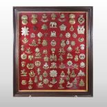 A collection of military cap badges, arranged in an early 20th century oak glazed display frame,