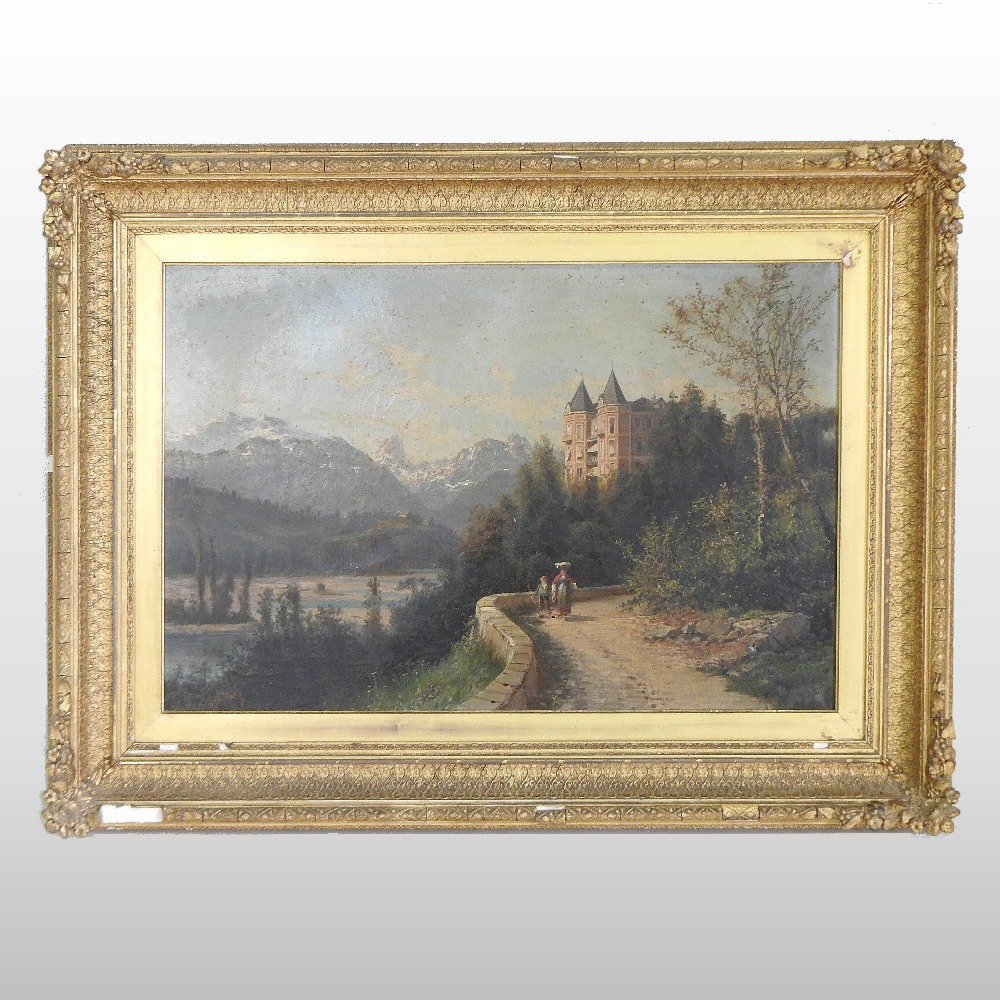 Continental School (19th century) Alpine landscape with mountains and figures on a path,