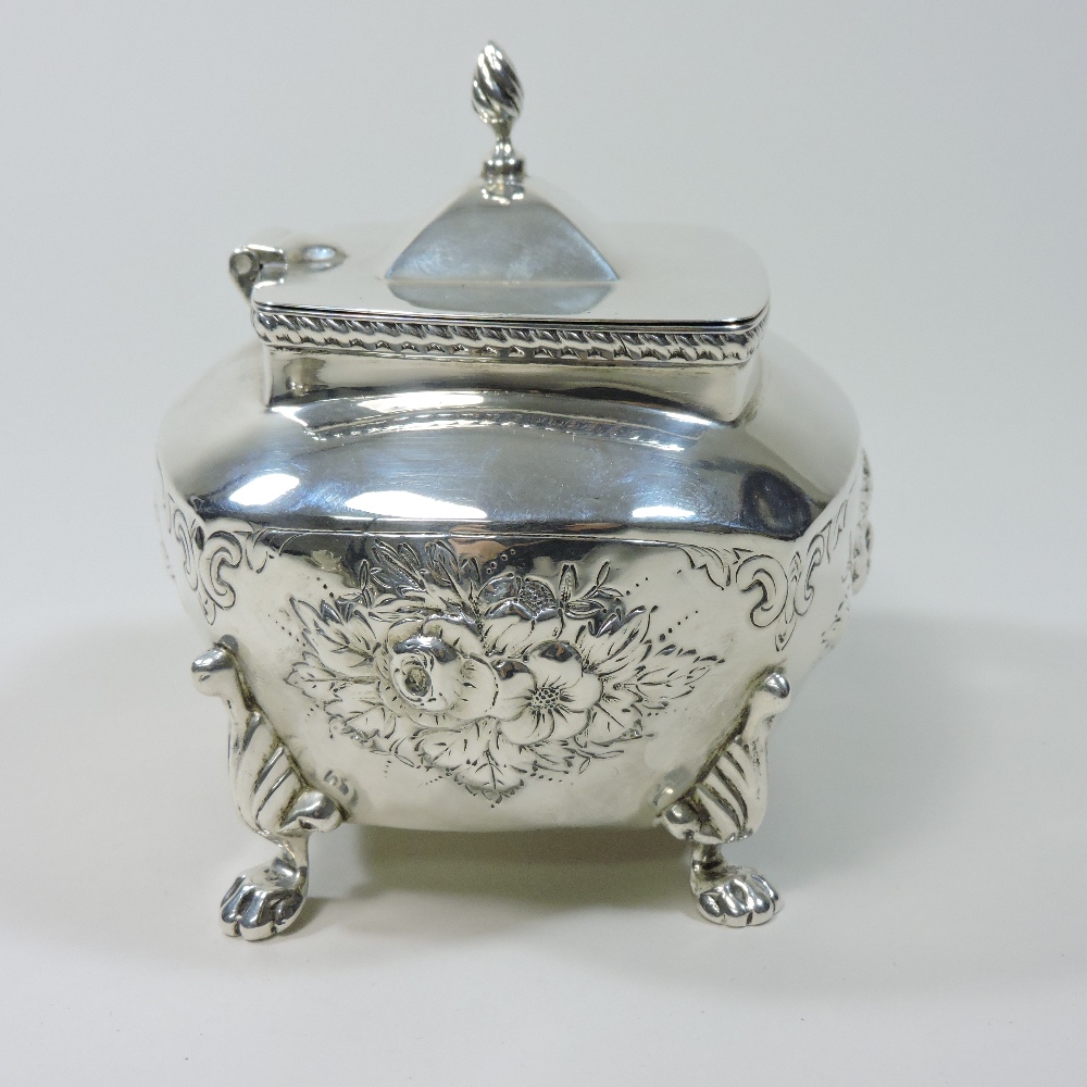 An early 20th century silver tea caddy, relief decorated with flowers, on paw feet, - Image 7 of 9