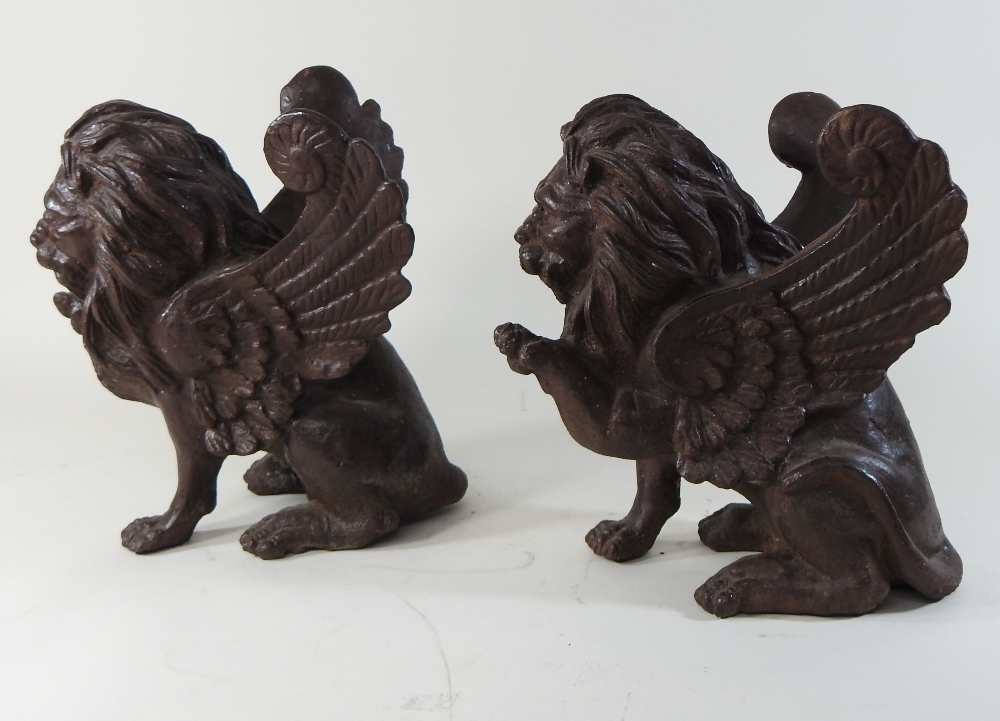 A pair of 19th century Venetian cast iron models of winged lions, - Image 2 of 6