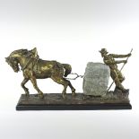 After Edouard Drouot, (1859-1945), a bronze sculpture of a work horse pulling a block of granite,