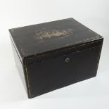 A 19th century patent ebonised box, with Chinese decoration, having a hinged lid,