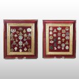A collection of military cap badges, contained in two ornate gilt frames and glazed display cases,