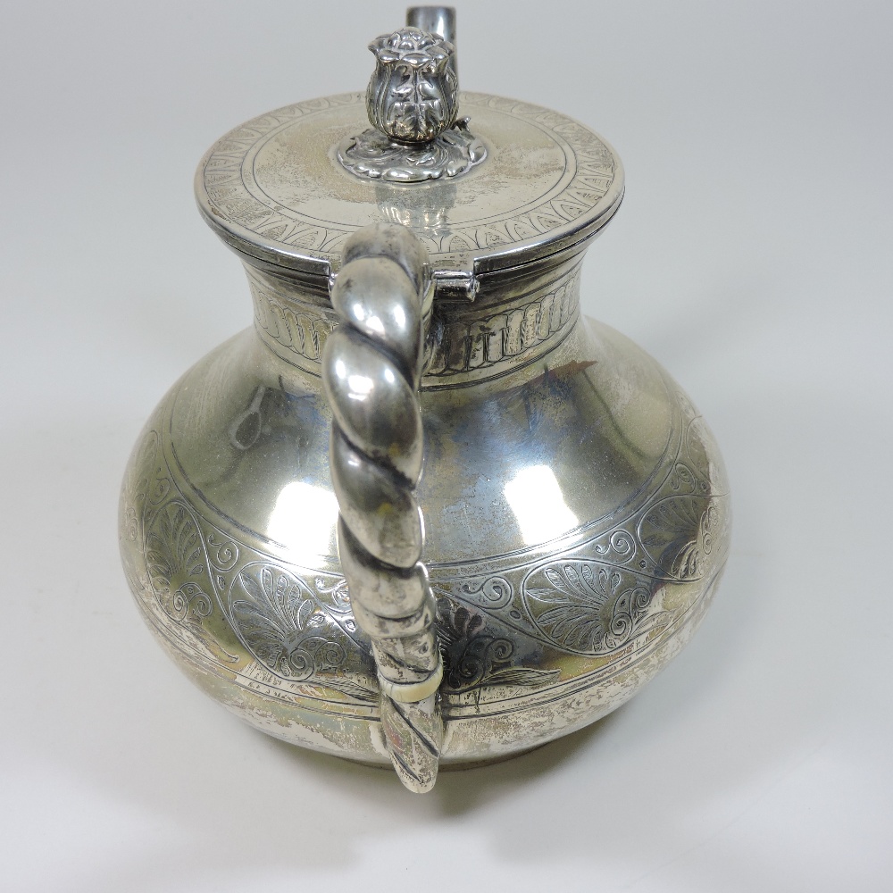 A Victorian silver teapot, of circular baluster form, with a ropetwist handle and hinged lid, - Image 6 of 6