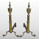 A pair of 19th century brass and iron fire dogs, each surmounted by an urn shaped finial,