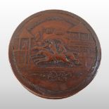 + A 19th century pressed treen snuff box, of circular shape,