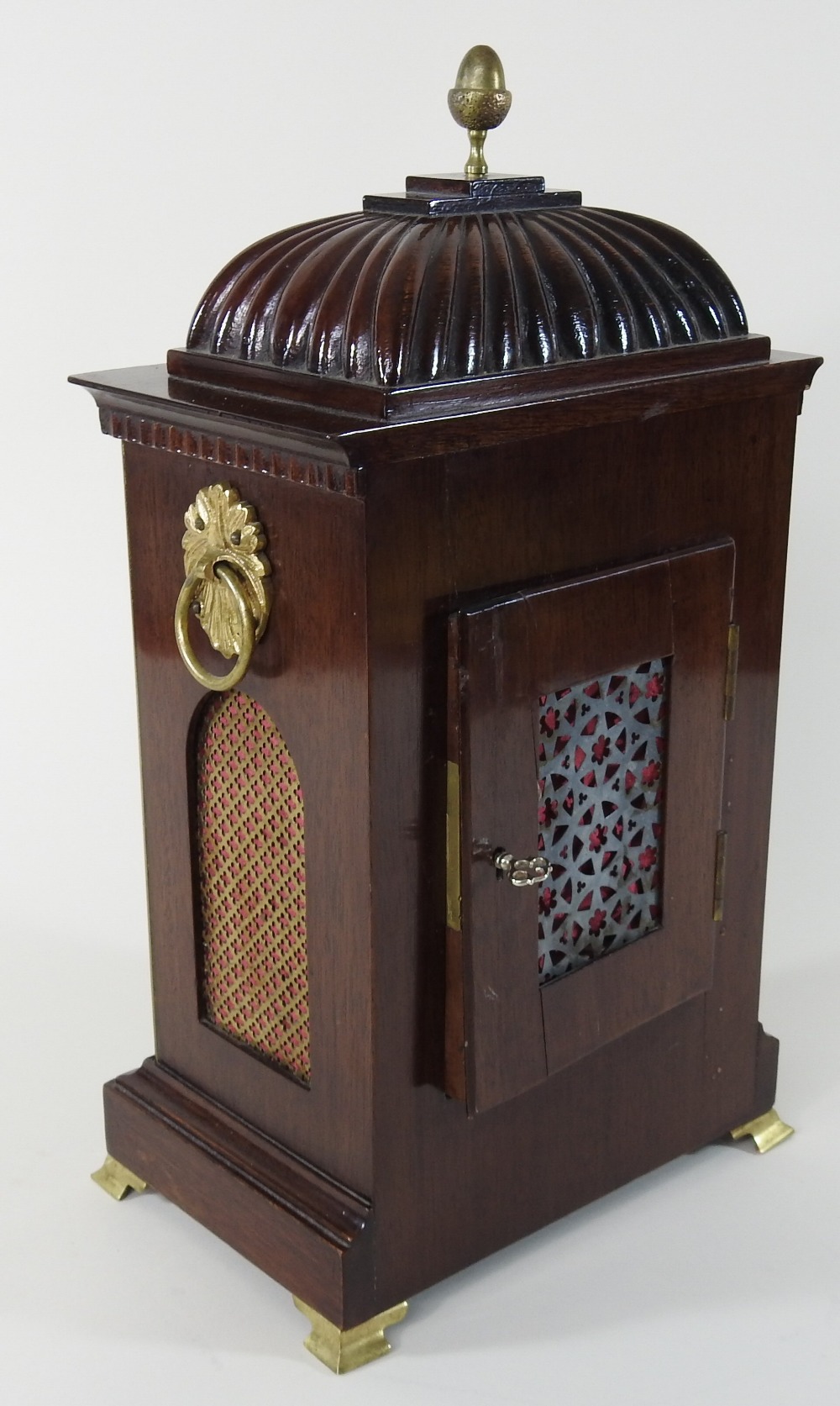 An Edwardian mahogany and cut brass bracket clock, of Regency style, having a painted enamel dial, - Image 5 of 8