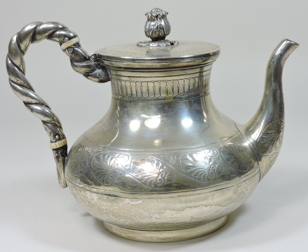 A Victorian silver teapot, of circular baluster form, with a ropetwist handle and hinged lid, - Image 4 of 6