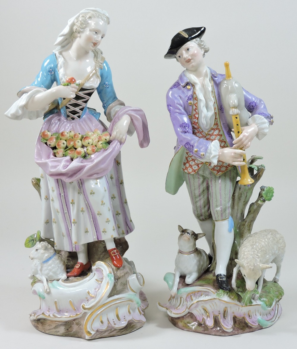 A pair of 19th century Meissen porcelain figures, of a shepherd and shepherdess, - Image 6 of 11