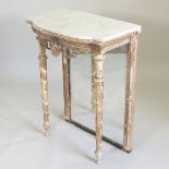 An early 19th century French carved wood and gilt gesso console table, of bow front shape,