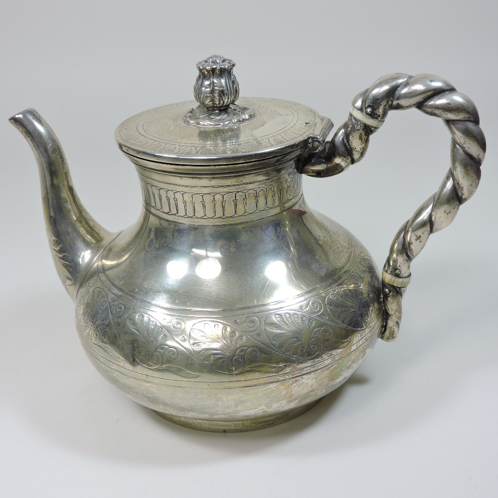 A Victorian silver teapot, of circular baluster form, with a ropetwist handle and hinged lid, - Image 2 of 6