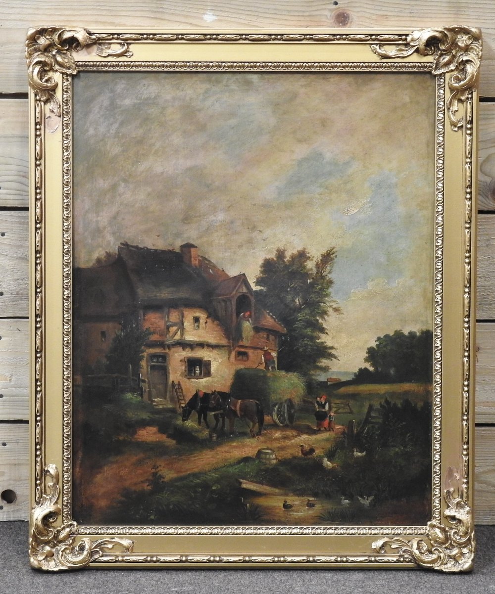 Manner of William Shayer, (19th century), farmyard scene with horses and ducks, oil on canvas, - Image 3 of 6