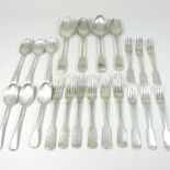 A collection of George III and later silver cutlery, comprising six dessert forks, four table forks,