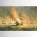 James Hardy, (20th century), battle scene with blazing warships, signed, oil on canvas,