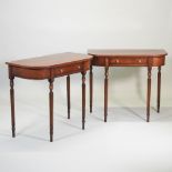 A pair of hand made mahogany and inlaid D shaped side tables, each on turned and fluted legs,