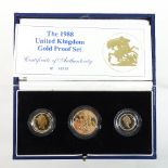 An Elizabeth II United Kingdom gold proof three coin set, dated 1988,