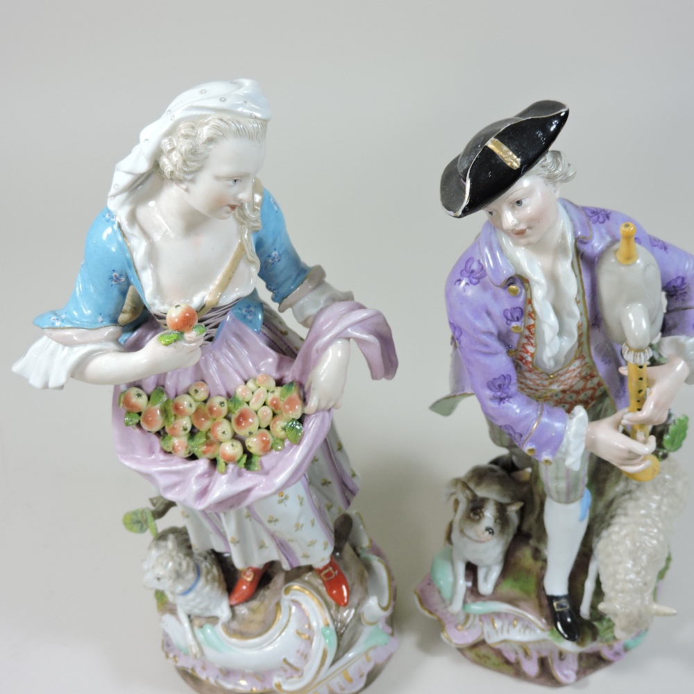 A pair of 19th century Meissen porcelain figures, of a shepherd and shepherdess, - Image 7 of 11