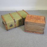 An early 20th century painted wooden trunk, 81cm, together with a wooden tool box,