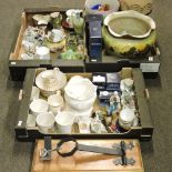 Six boxes of china, metalwares, linen and records,