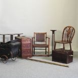 An antique pine box, with rope handles, 45cm, together with a vintage dolls pram, a desk pedestal,