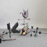 A black painted metal weather vane, in the form of a cockerel, 157cm high,