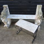 A marble bench, with reconstituted stone ends in the form of griffins, 137cm,