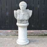 A reconstituted stone bust, on a column pedestal,