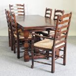 An 18th century style oak extending refectory table, 264 x 90cm overall,