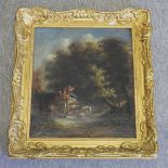 English School, 19th century, a woodland scene with travellers, oil on canvas,