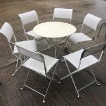 A white painted metal circular folding patio table, 77cm,