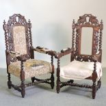 A pair of early 20th century carved oak throne chairs