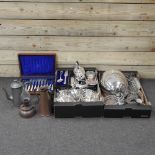 Three boxes of items, to include two silver back brushes, an oil lamp,