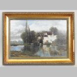 R S Fisher, 19th century, landscape with an overshot mill, signed oil on canvas,