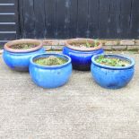 A pair of blue glazed garden pots, 51cm diameter,